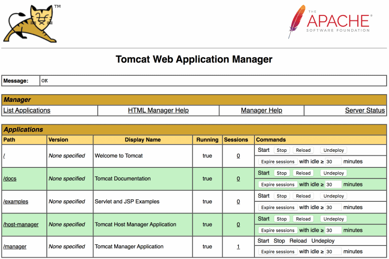Tomcat Manager app list applications