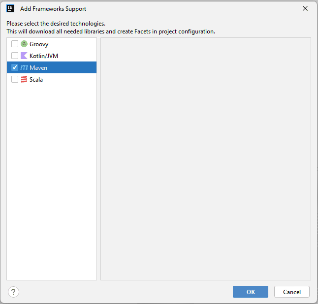 Add Framework Support _ select maven