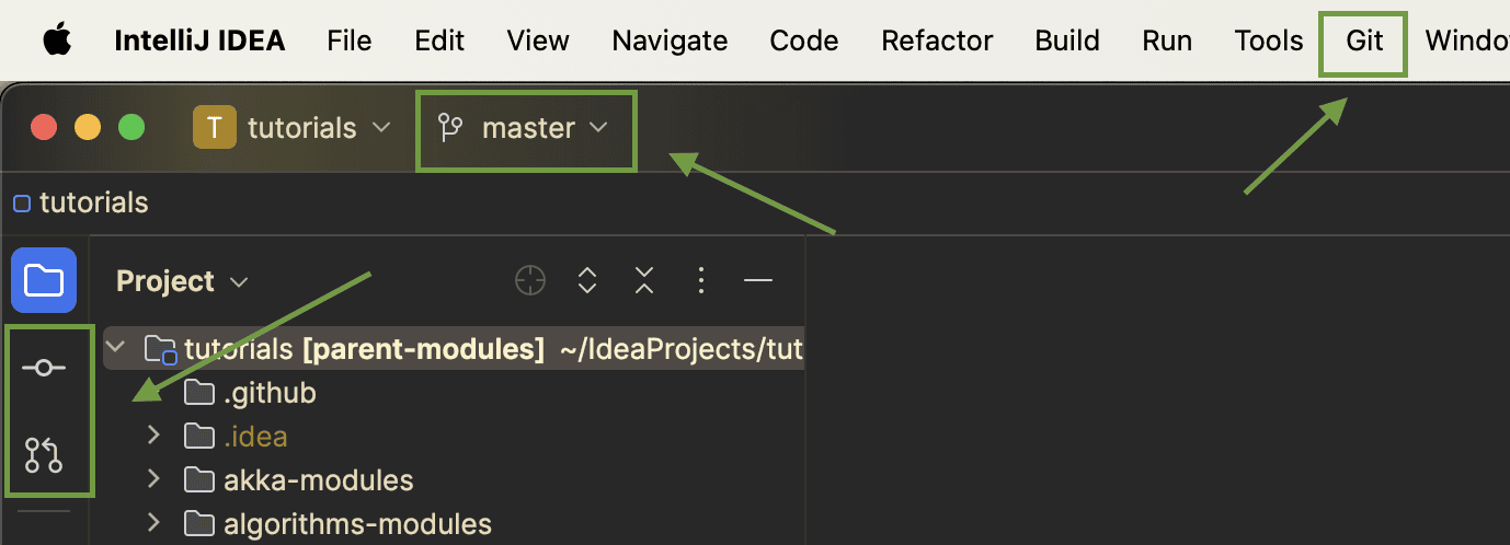 Git menu and toolbar items in IntelliJ
