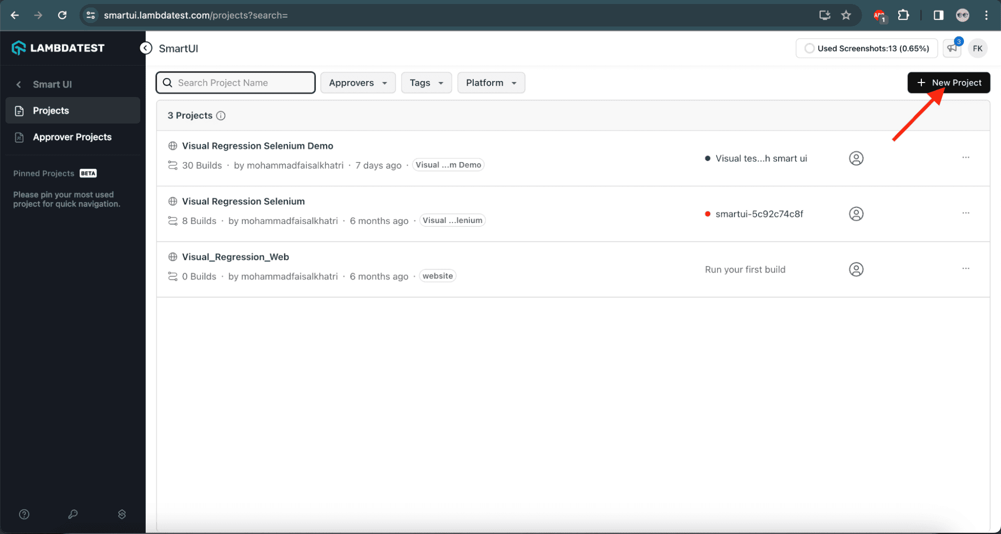 New project on LambdaTest