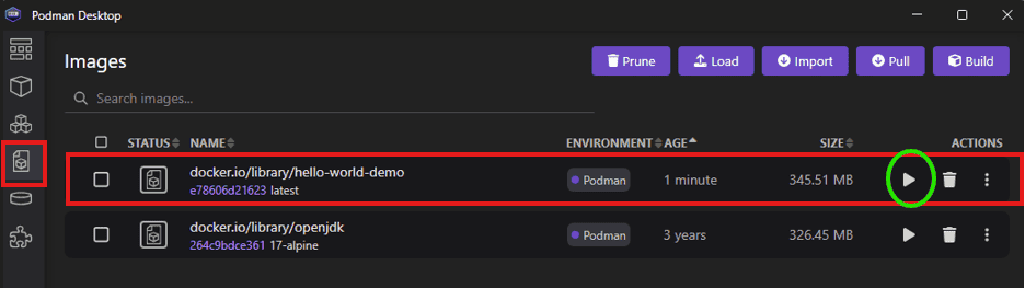 Running a container from podman images section
