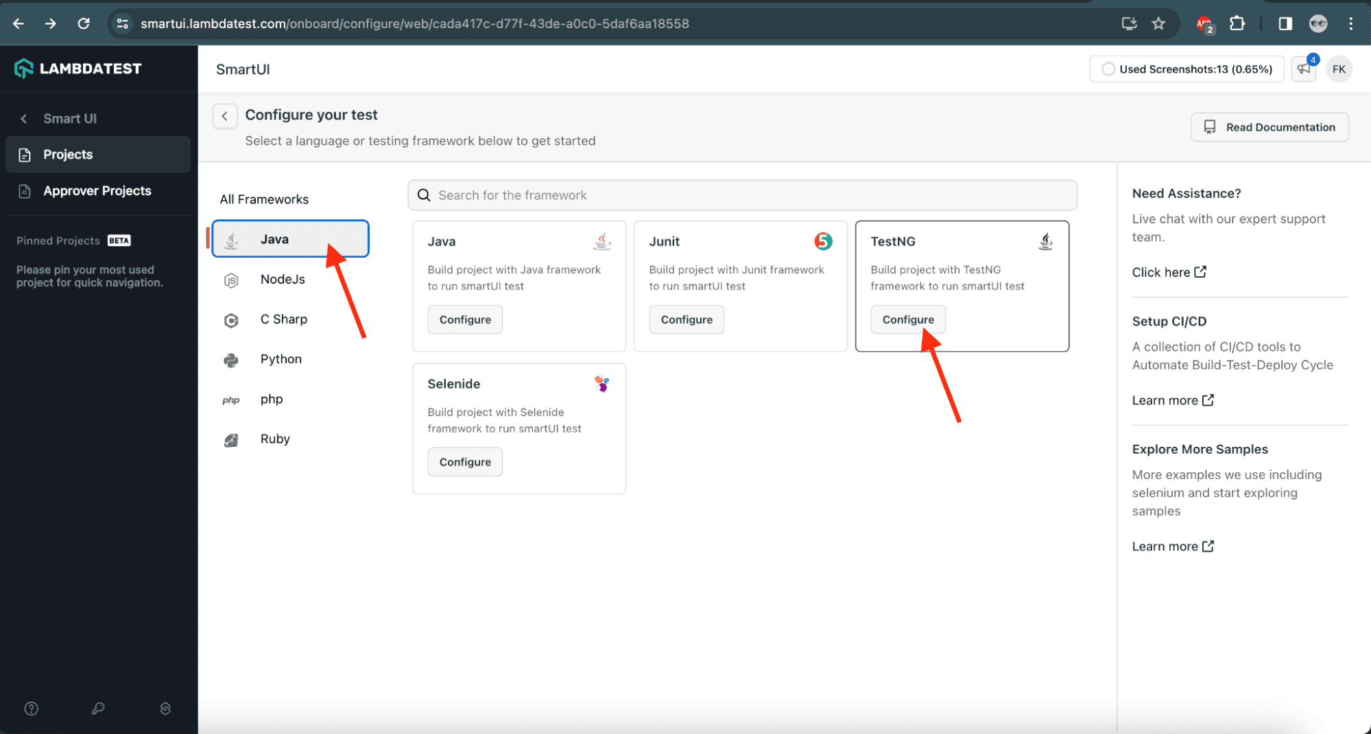 Select testing language on LambdaTest