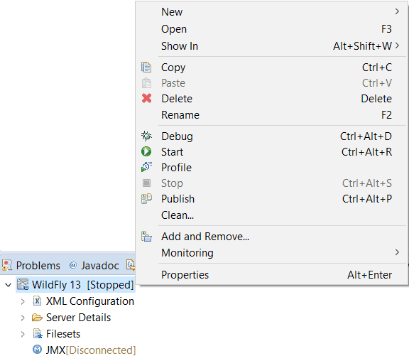 Right click on empty application server