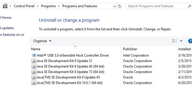 how to check if java installed windows programs features