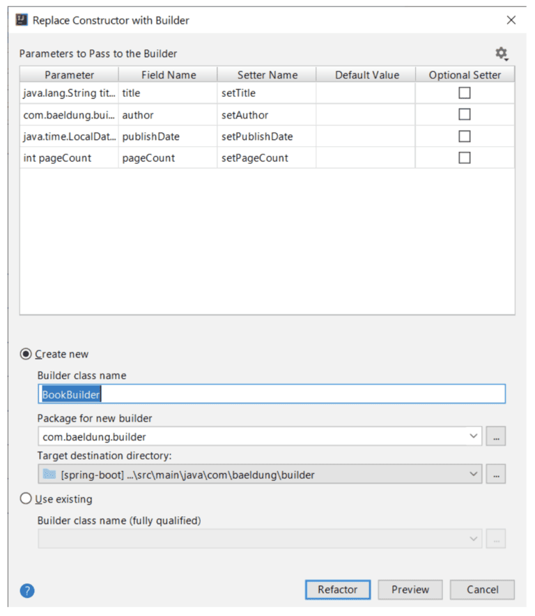 Creating the Java Builder for a Class in IntelliJ | Baeldung
