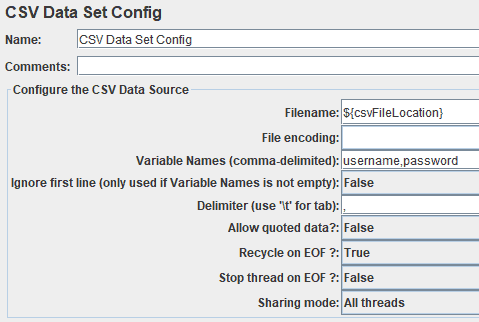 CSV Data Set Config Tab