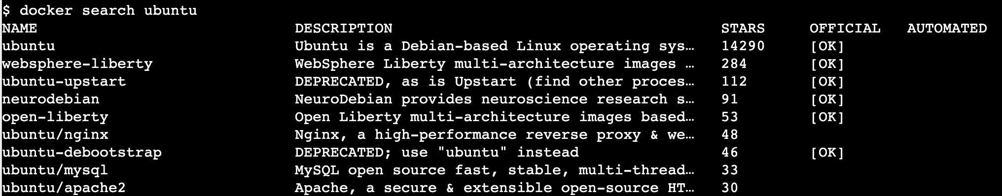 Docker search ubuntu command run in a terminal and results displaying all the images matching the search query