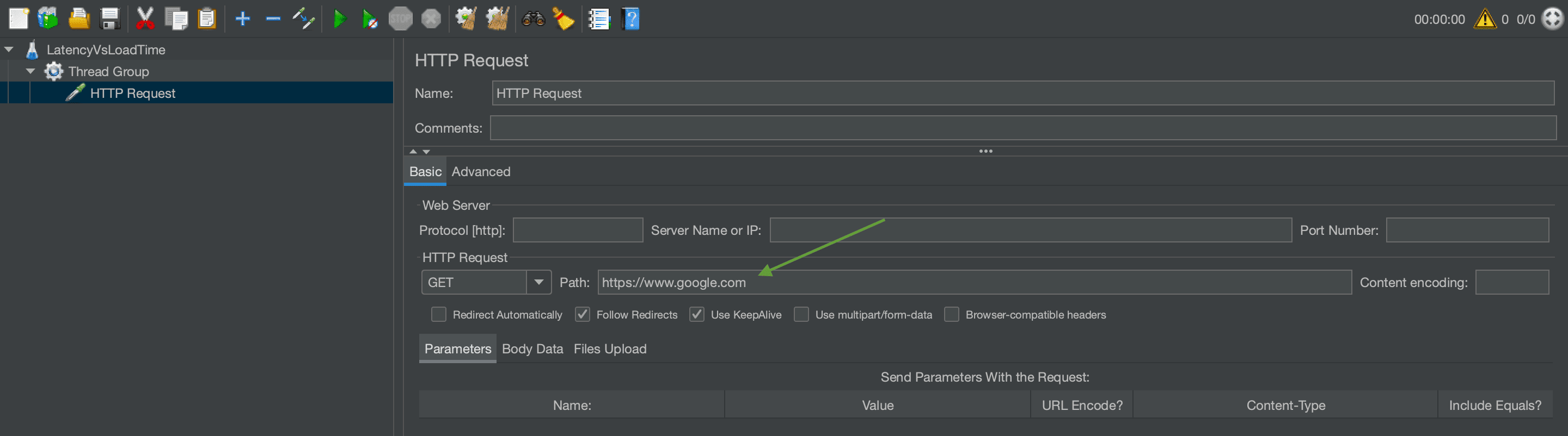 JMeter screenshot on how to configure an http request