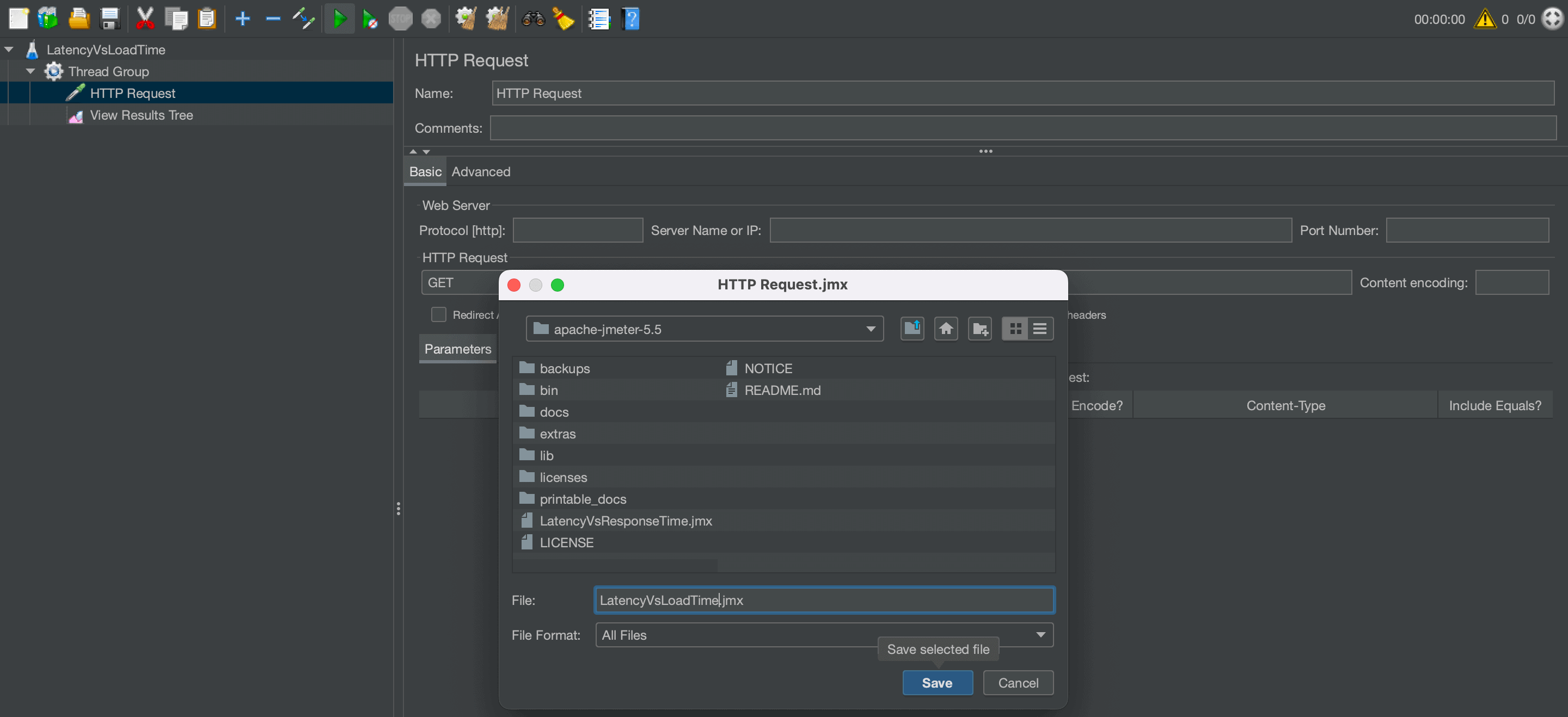 JMeter screenshot on how to save a test plan