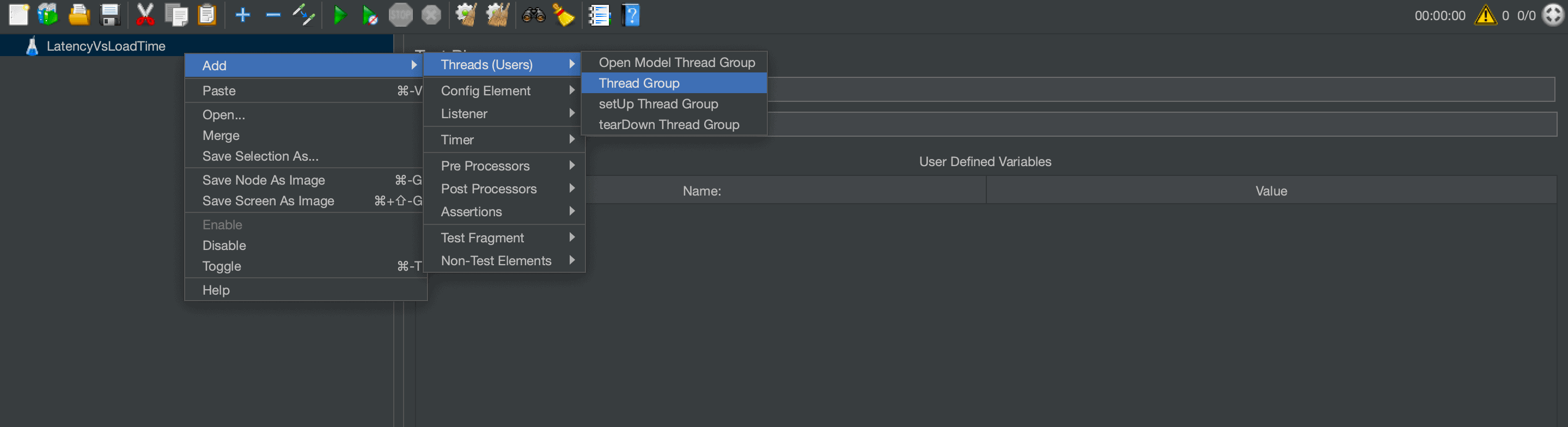 JMeter screenshot on how to create a Thread Group