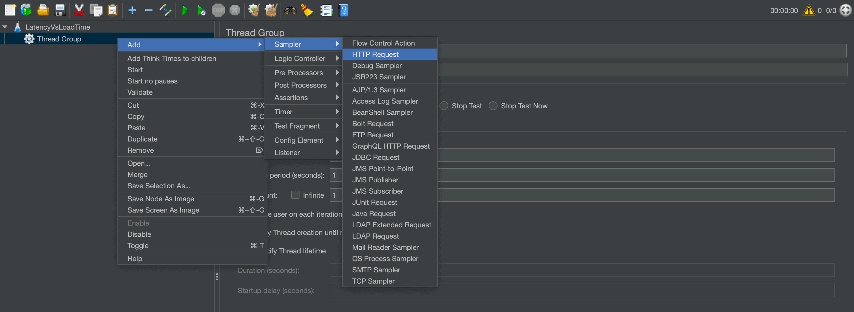 JMeter screenshot on how to create an http request sampler