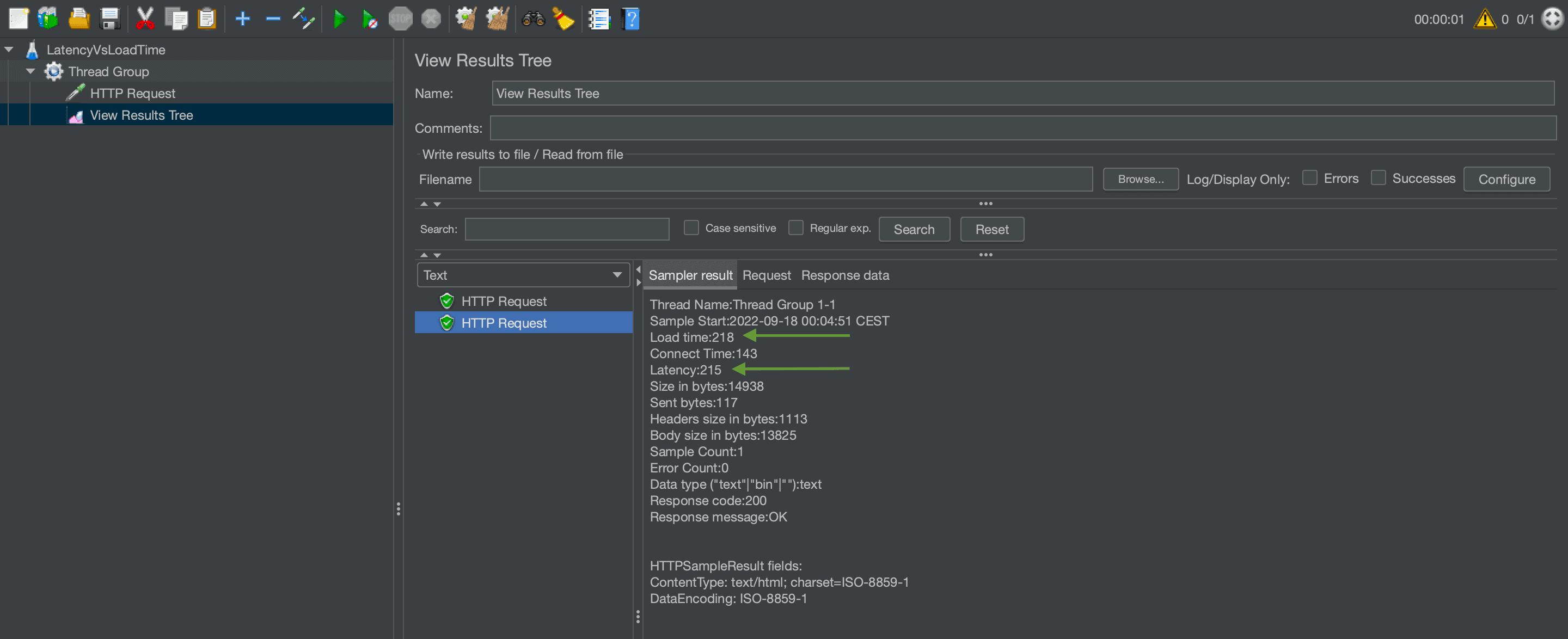 Screenshot of JMeter test results of an http request