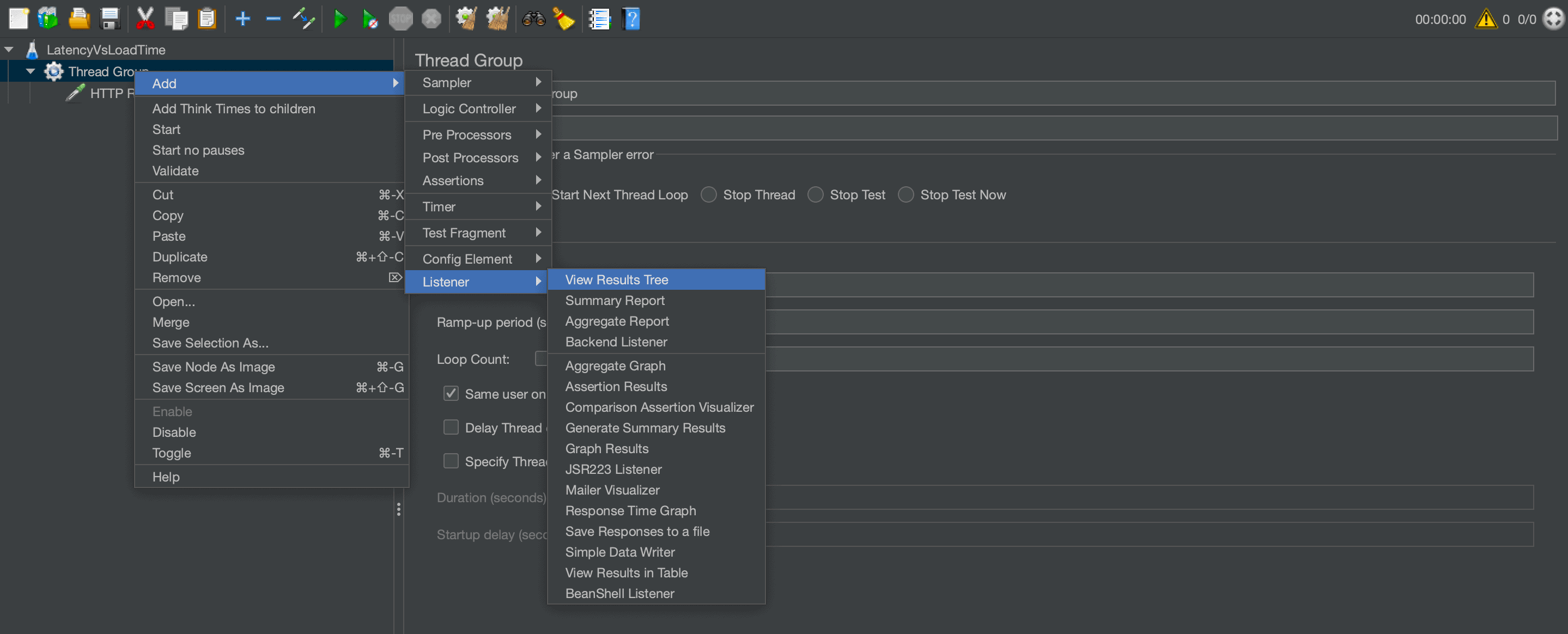 JMeter screenshot on how to create a View Results Tree Listener