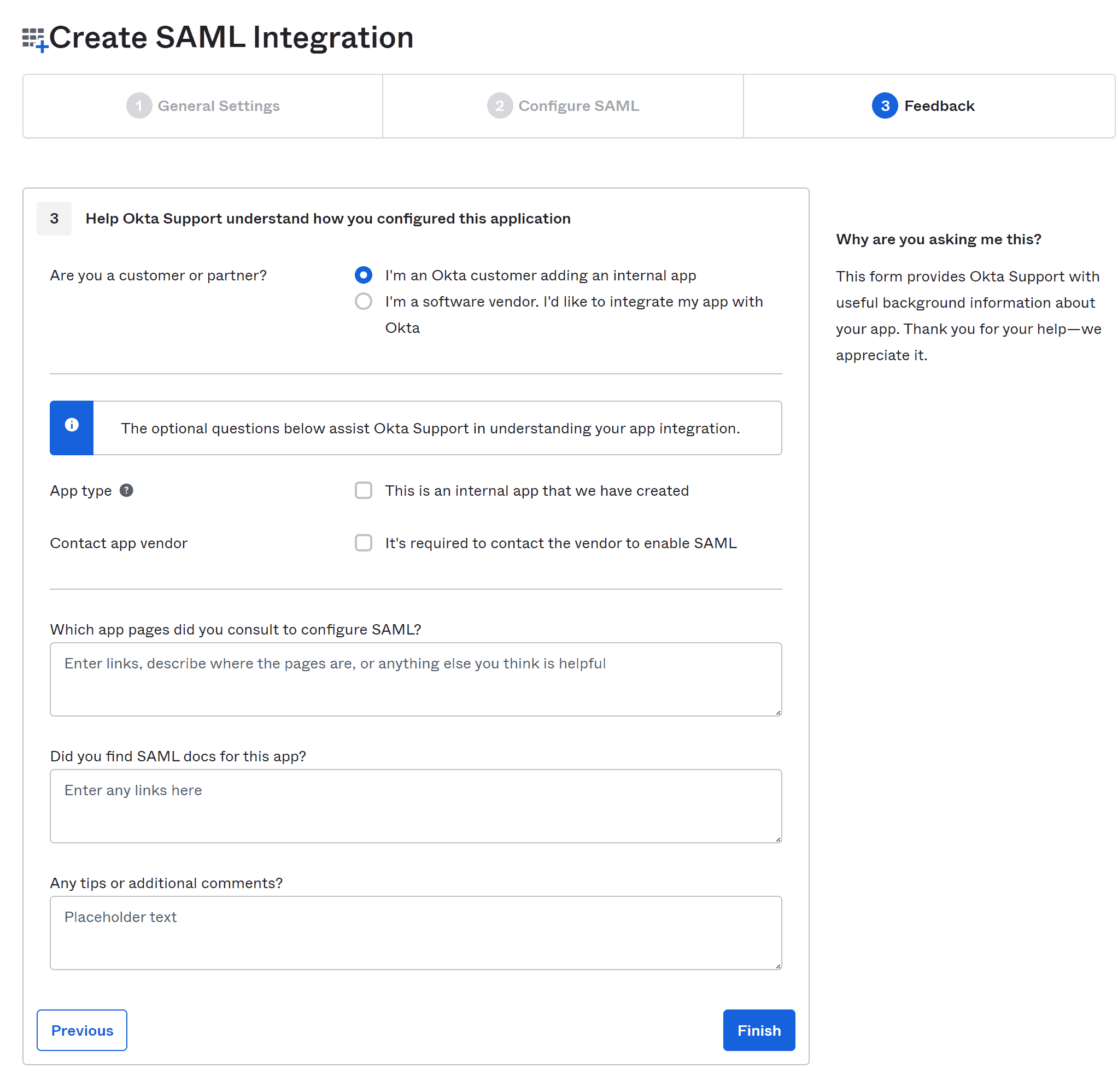 SAML integration feedback step