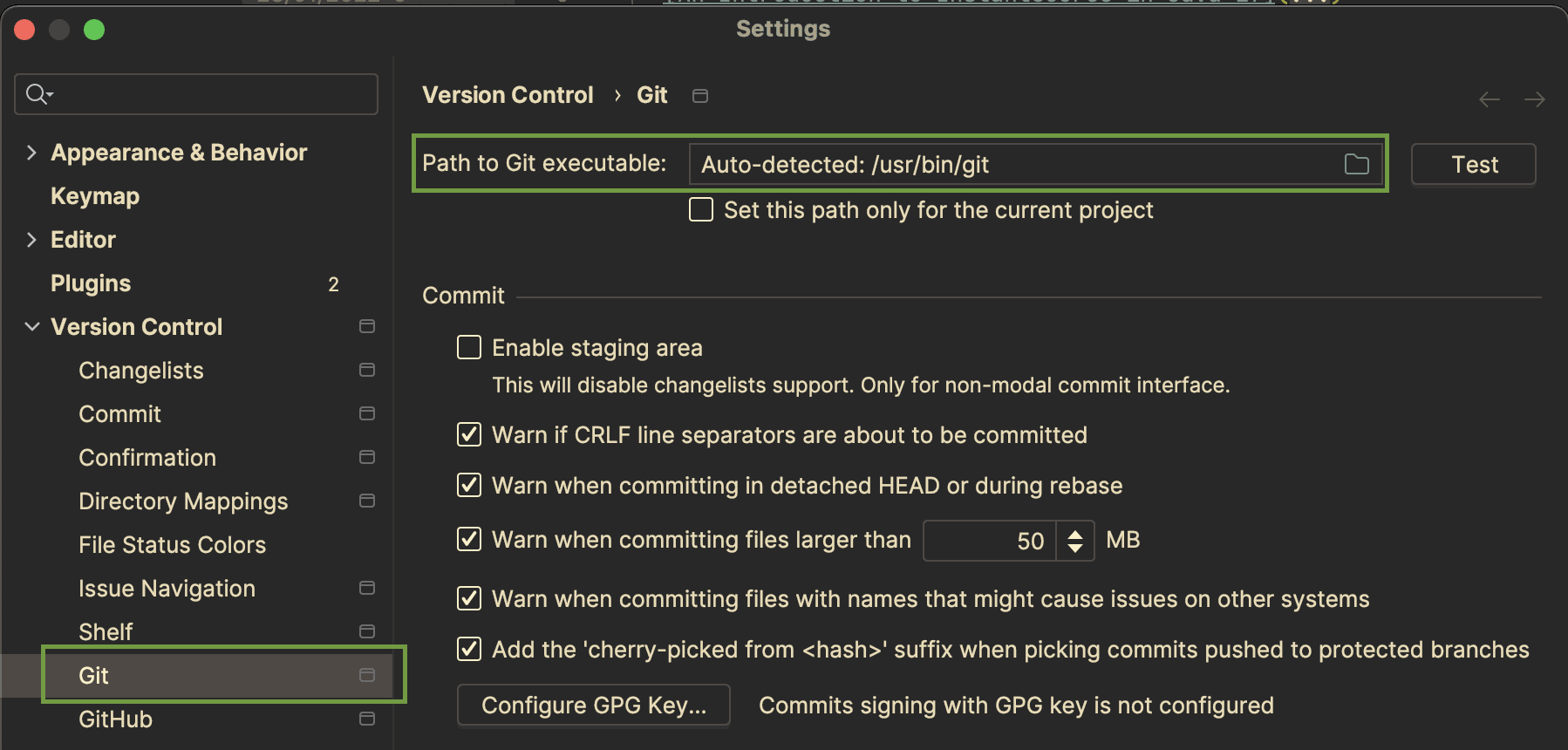 Git settings in IntelliJ