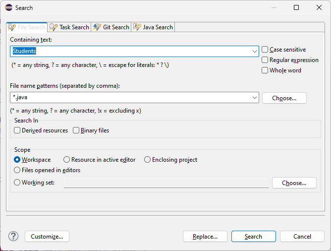 search dialog eclipse