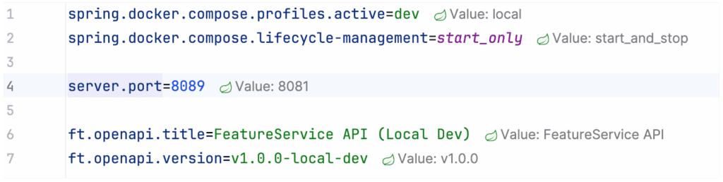 application.properties file with actual config values in inlays