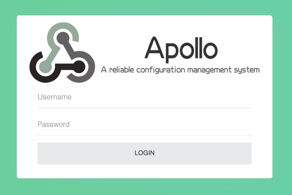 Login page for Apollo, a configuration management system, with a logo resembling interconnected nodes. Fields for username, password, and a blue login button.