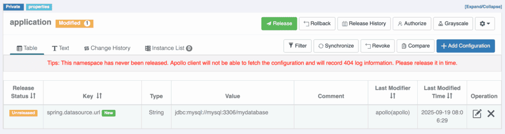 A software configuration interface displays a table with headers: Release Status, Key, Type, Value, Comment, Last Modifier, and Last Modified Time. A message alerts that the namespace has never been released. Buttons like Release, Rollback, and Add Configuration appear above the table.