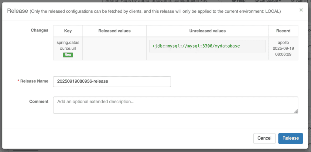 A software interface shows a release configuration for spring.datasource.url. The unreleased value is a JDBC MySQL database URL, set to apply locally. Release options include naming and comments, with 'Cancel' and 'Release' buttons.