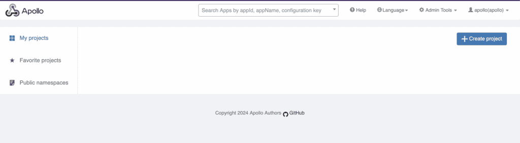 Screenshot of the Apollo project management interface. It shows options like "My projects" and "Favorite projects". A "Create project" button is on the right.