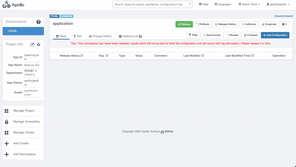 Dashboard interface of Apollo configuration management tool. Features navigation menu, search bar, tabs, and a release warning in red text. Clean, functional design.