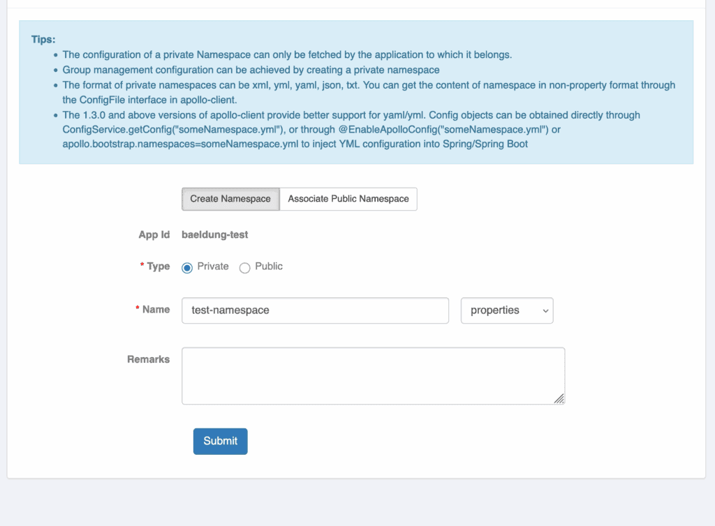 Interface to create a namespace in Apollo config service. Includes tips in a blue box, fields for App ID, type, name, and a submit button.