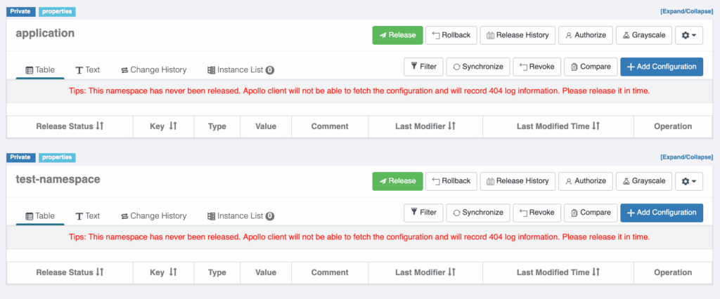 Two application panels titled "application" and "test-namespace" display configuration management options with buttons like Release and Rollback, and a red warning message indicating the namespace hasn't been released.
