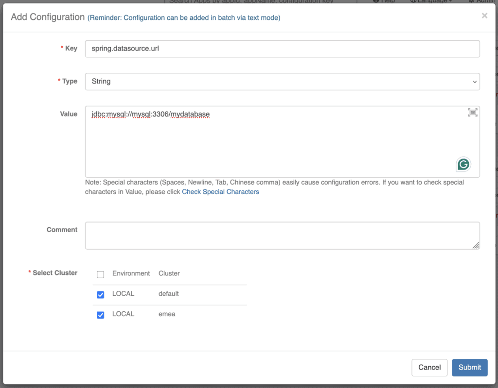 Configuration window with fields labeled "Key," "Type," and "Value." Checkboxes for clusters are selected.