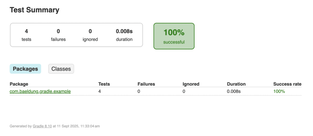 Single module package summary from HTML Report