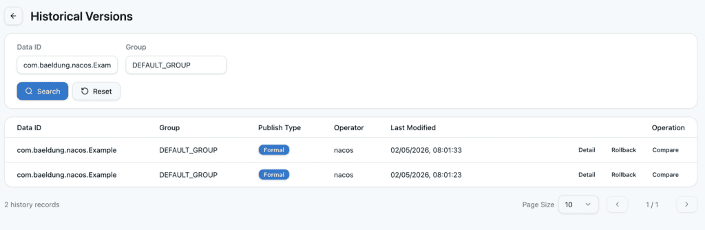 Nacos configuration history