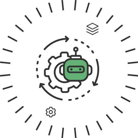 Green robot head at center of a gear with circular arrows, symbolizing automation and AI workflow.