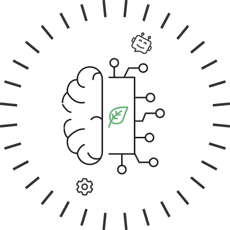 Illustration showing a brain and a circuit board with a green leaf at the center, representing green AI and sustainable technology.