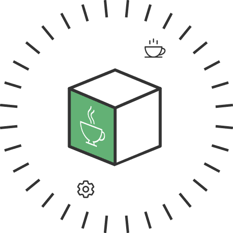 Circular loading ring around a 3D cube with a green face featuring a steaming coffee cup; small gear and extra cup icons hint at settings and beverages.