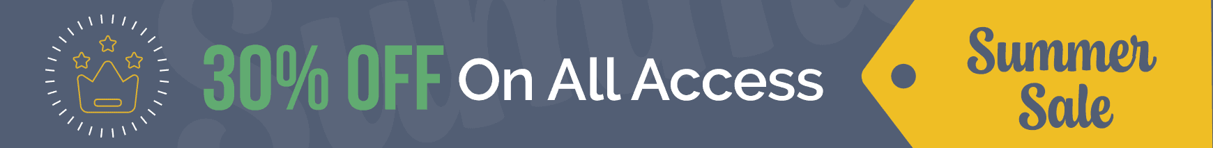 Sale banner with crown icon on the left, green '30% OFF' and 'On All Access' on a dark blue background, and a yellow 'Summer Sale' tag on the right.