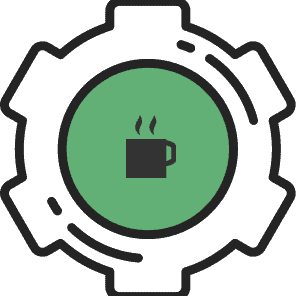 Gear icon with a green center and steaming coffee cup, signaling a coffee break or maintenance theme.