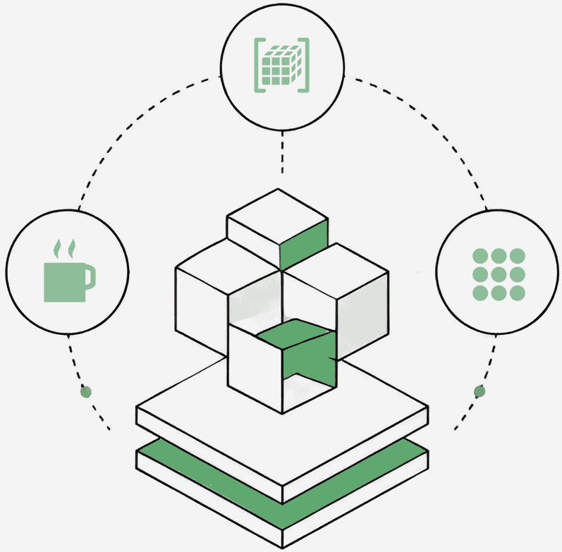Isometric cube structure with green highlights on stacked layers, surrounded by icons for 3D design, coffee break, and a grid menu.
