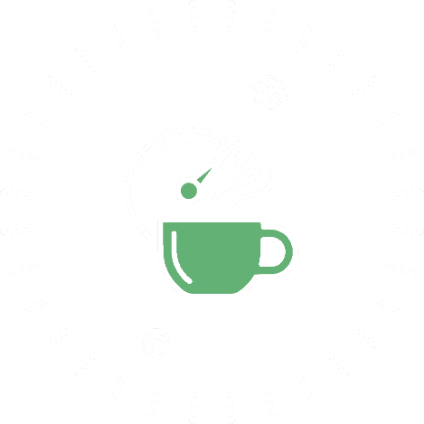 Green cup of hot coffee with a gauge and clock-tick ring, suggesting a coffee timer or time for a hot drink.