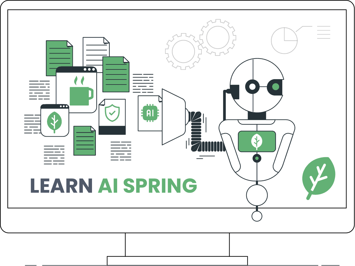 Robot figure connected to floating documents and icons, representing data processing for learning AI spring theme.