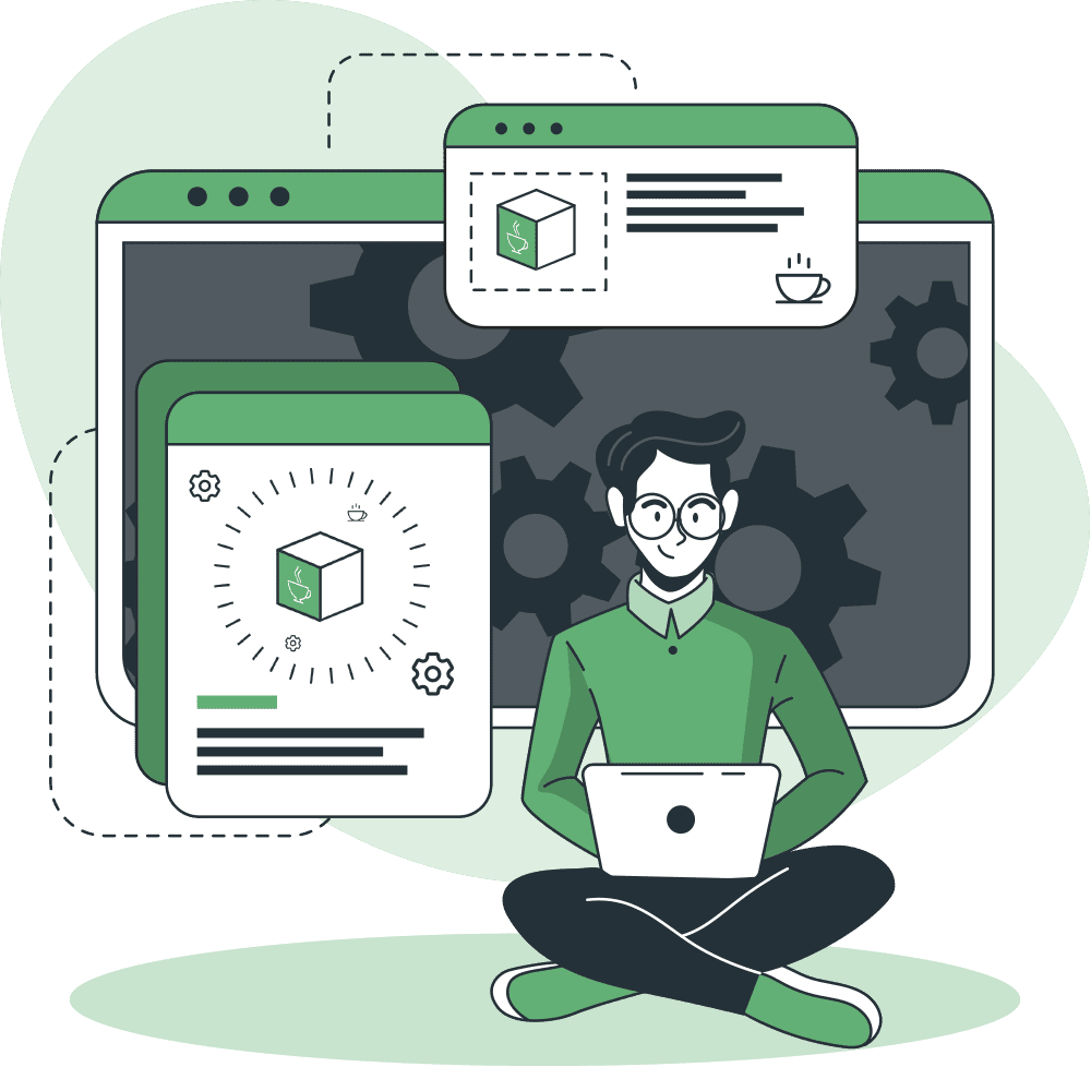 Person sitting cross-legged with a laptop, surrounded by floating app windows and gears, symbolizing software development.