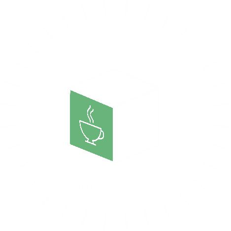 Circular dial with tick marks surrounds a white 3D cube; the green face shows a steaming coffee cup, with small cup and gear icons around the dial.
