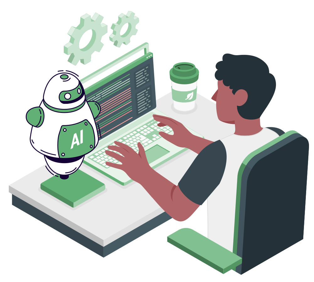 A person coding at a desk with a laptop displaying code, while a friendly AI robot stands nearby and gears float above, symbolizing automation and AI development.