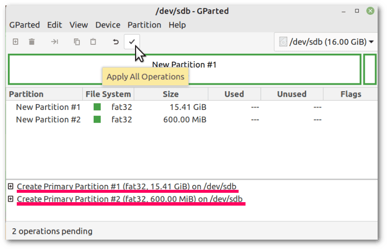 Gparted - Create two primary partitions
