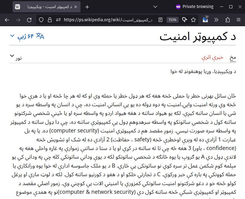 Computer System Page on Wikipedia in Pashto