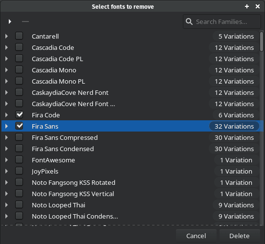 Font Manager: Selecting fonts for removal