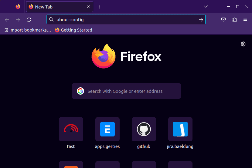Accessing the configuration menu for Firefox