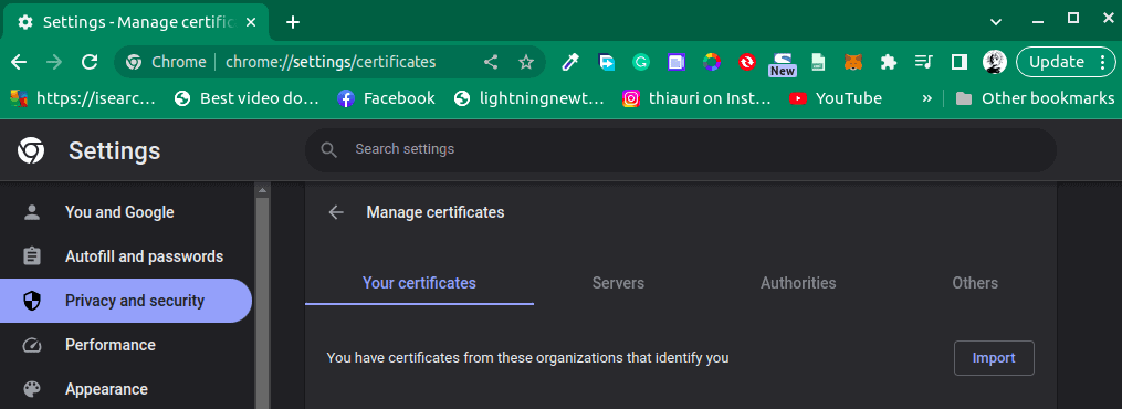 Manage Certificates menu within Google Chrome settings