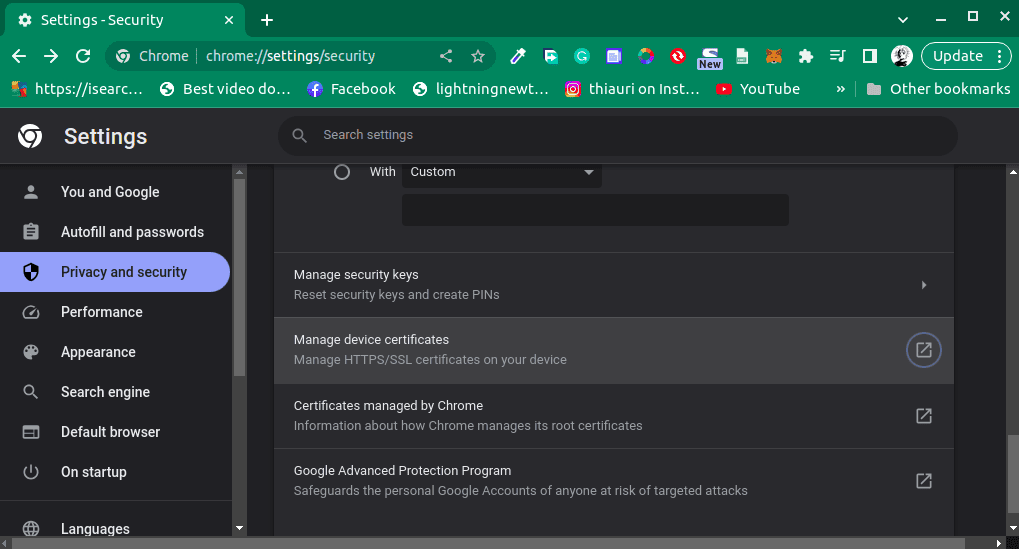 The security section within Chrome's settings menu