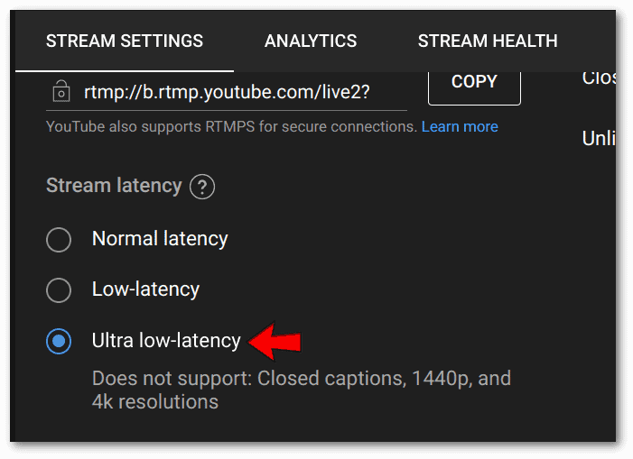 Youtube Studio ultra low latency