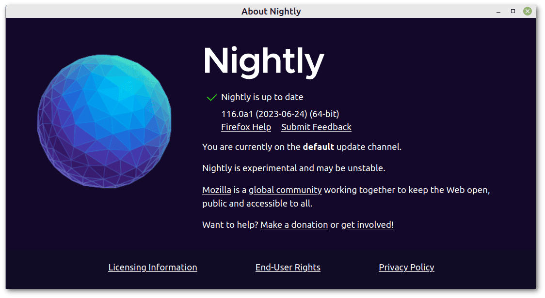 Firefox Nightly About window